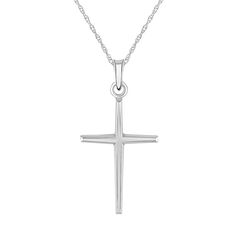 Let your faith shine through with this polished 14k gold cross necklace. Let your faith shine through with this polished 14k gold cross necklace. Pendant size: 1"L x 1/2"W Chain length: 16 in. +2-in. extender Chain type: rope Nickel free Metal: 14k white gold, 14k gold Plating: rhodium Finish: polished Packaging: boxed Size: 18". Gender: female. Age Group: adult. 14k Gold Cross Necklace For First Communion, Polished Cross Necklace For Formal Occasions, Formal Polished Cross Pendant Necklace, Formal Polished Cross Necklace, White Gold Cross Necklace For First Communion, White Gold Polished Cross Necklace, Classic Polished Crucifix Cross Necklace, Sterling Silver Cross Pendant Necklace For First Communion, Sterling Silver Cross Necklace For First Communion