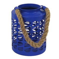 a blue vase with rope hanging from it's sides and an intricate design on the front