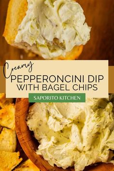 a wooden spoon full of dip with bagel chips in the background and text overlay reading creamy peperononii dip with bagel chips