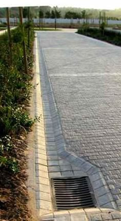 a manhole cover on the side of a paved road with trees in the background