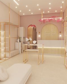 the interior of a store with white furniture and pink flowers