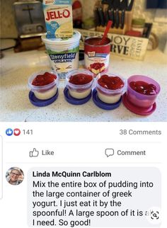 three cups of ice cream sitting on top of a counter next to two containers of yogurt