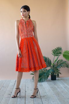 Red Kitty Dress - Tangerine Eyelet Orange Belted Summer Dress, Sleeveless Belted Midi Dress For Cocktail, Summer Halter Neck Midi Dress For Work, Summer Orange Midi Dress For Workwear, Orange Midi Dress For Summer Workwear, Summer Workwear Orange Midi Dress, Summer Sleeveless Halter Neck Dress For Work, Summer Halter Neck Sleeveless Dress For Work, Halter Neck Sleeveless Dress For Summer Workwear