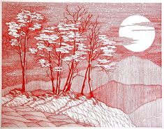 a red and white drawing of trees on a hill with the moon in the background