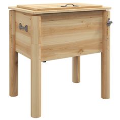 a small wooden table with two legs and a drawer on the top that is open