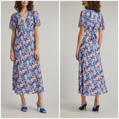 Rixo Florida Flutter-Sleeve Midi Dress - Us 8 Florida Dress Midi Length Straight Fit Empire Waist With Ties Bias-Cut Skirt V-Neckline Flutter Sleeves Viscose-Georgette Sleeves And Hem Vintage Daisy Print Concealed Side Zipper Pit To Pit - 17" Waist (Flat) - 15.5" Length - 53" Blue Floral Print Midi Dress With Flutter Sleeves, Fitted Midi Dress With Butterfly Sleeves For Summer, Fitted Midi Dress With Butterfly Sleeves For Spring, Blue Fitted Maxi Dress With Flutter Sleeves, Fitted Blue Maxi Dress With Flutter Sleeves, Blue Summer Dress With Butterfly Sleeves, Formal Flutter Sleeve Midi Dress For Summer, Summer Blue Dress With Butterfly Sleeves, Feminine Blue Maxi Dress With Short Sleeves