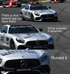 two mercedess driving on a race track with the words mercedes - amg painted on them