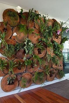 there is a wall made out of wood logs with plants growing on the top and bottom