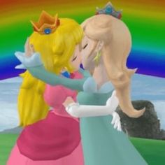 there are two princesses kissing each other in front of a rainbow colored sky and clouds