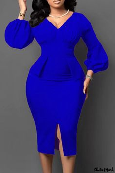 Olivia Mark - Sophisticated A-Line Skirt Dress with Solid Patchwork and V-Neck Design Royal Blue And Red Outfit, Corporate Dresses, Corporate Gowns, Royal Blue Outfits, Elegant Bodycon Dress, Classy Gowns, Corporate Dress, Royal Blue Dress, Long Bodycon Dress