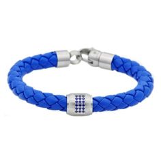 Add some refined style to any casual outfit with this braided leather bracelet. The bracelet's thick, tightly woven leather braid is made even better by the polished stainless steel lobster claps. A true alternative to traditional mens jewelry, this bracelet suits a range of styles . Bracelet is approximately 8.5 inches long. Instead of a traditional metal band, this mens bracelet features rich blue leather which is braided tightly to form a distinct pattern. A unique blend of weight, durability Modern Adjustable Blue Braided Bracelets, Modern Adjustable Blue Braided Bracelet, Modern Blue Leather Jewelry, Modern Blue Leather Bracelet Gift, Modern Blue Leather Bracelet, Cubic Zirconia Bracelet, Braided Leather Bracelet, Men's Bracelet, Refined Style