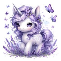 a cute little unicorn sitting in the grass with butterflies on her head and purple hair