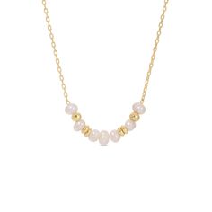 Accent your neckline with this delicate necklace adorned with fresh water pearls and gold accents. 18k Gold Plated Brass Base Fresh Water Pearls 16" Necklace Delicate Gold Beaded Necklace With Pearl Pendant, Delicate Beaded Necklace With Pearl Pendant, Feminine Gold Necklace With Pearl Charm, Feminine Gold Necklace With Pearl Drop, Dainty Pearl Necklace With Gold Beads, Delicate Gold Pearl Necklace With Beaded Chain, Feminine Gold Necklace With Pearl Chain, Feminine Gold Beaded Necklace For Gift, Feminine Gold Beaded Necklaces For Gifts