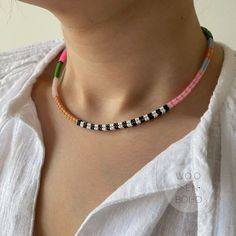 MAYA Colorful Beaded Necklace, Neon Pink Detail Handwoven Choker, Handmade Patchwork Necklace - Etsy Cheap Pink Beaded Choker Necklace, Cheap Colorful Beaded Choker Necklace, Casual Choker With Colorful Beads, Gift Heishi Beaded Necklaces With Black Beads, Black Beaded Necklace With Letter Beads, Black Beaded Necklace With Letter And Round Beads, Black Heishi Beads Necklace For Gift, Snake Choker, Choker Handmade