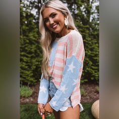 American Flag Sweater Nwt. Size S/M American Flag Print Long Sleeve Top For Summer, American Flag Print Long Sleeve Summer Top, Patriotic Long Sleeve Tops For Summer, Patriotic Long Sleeve Summer Tops, American Flag Print Long Sleeve Top For Spring, Long Sleeve Top With American Flag Print For Spring, Patriotic Multicolor Tops For Spring, Patriotic Blue Tops For Fall, Lace Balloons