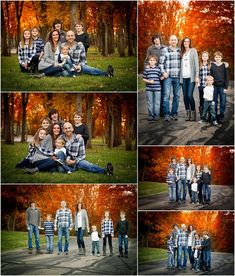 a collage of family photos taken in the fall with leaves on trees and grass