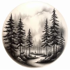 a black and white drawing of trees in the woods on a round plate with water