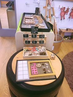 a table with dice, cards and other items on it in a playroom area