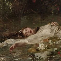 a painting of a woman laying in the water with lily pads on her stomach and head