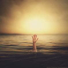 a person's hand rising out of the water