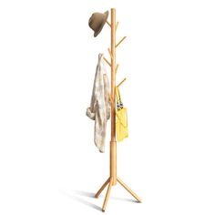 a coat rack with two hats on it and a yellow bag hanging from the top