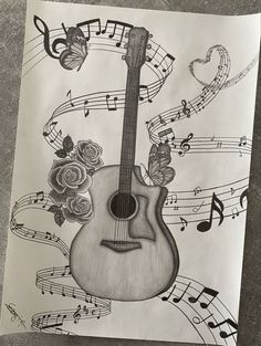 a drawing of a guitar with music notes and roses