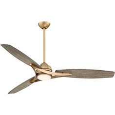 a ceiling fan with three blades and two light bulbs on the blade, in an antique brass finish