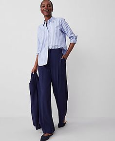 A modern must-have with a statement leg and flattering high waist. Belt loops. Front pleats. Front off-seam pockets. Back besom pockets.,Leg Shape:Leg Shape: Wide Leg – a modern must-have with a statement leg and flattering high waist,Rise:High rise: sits 1/2" to 1" below natural waist,Imported:Imported,Fit:Fit: Tailored & fitted,Length:Full length: 32" inseam with 26 1/2" leg opening,Fabrication:73% Polyester, 24% Rayon, 3% Spandex,Garment Care:Machine Washable The Pleated Wide-Leg Pant in Text Petite Suits, Line Shopping, Navy Women, Small Waist, Denim Pant, Waist Belt, Evening Wear, Effortless Style, Ann Taylor