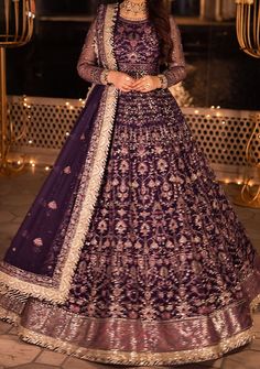 Asim Jofa Chandni Raatein Pakistani Net Anarkali - db27058 Purple Dress With Dabka Work For Reception, Purple Reception Dress With Dabka Work, Unstitched Purple Choli For Eid, Cutdana Dress For Reception And Eid, Purple Floor-length Festive Dress, Purple Zari Work Dress For Reception, Purple Anarkali Dress With Resham Embroidery, Luxury Embellished Purple Anarkali Set, Purple Long Sleeve Lehenga For Diwali