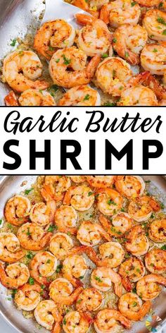 garlic butter shrimp in a skillet with the words garlic butter shrimp on top and bottom