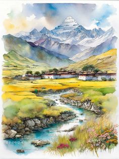 a watercolor painting of a mountain landscape with a river running through the foreground