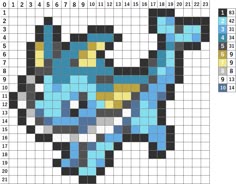 a cross stitch pattern with an image of a cat's head in blue and yellow