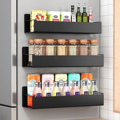 the shelves are organized with spices, condiments and other foodstuffs in this kitchen