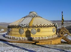 a yurt in the middle of nowhere with snow on the ground