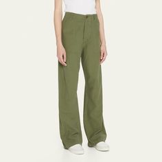 R13 wide-leg utility pants High waist Relaxed fit Full length Side patch pockets; back flap pockets Button/zip fly; belt loops  Cotton Imported Utility Full-length Pants With Welt Pockets, Military Style Wide Leg Cargo Bottoms, Military Wide Leg Cargo Bottoms, Military Cargo Style Wide Leg Bottoms, Utility Wide Leg Pants With Welt Pockets, Military Style Wide Leg Bottoms With Relaxed Fit, Military Style Wide Leg Relaxed Bottoms, Wide Leg Work Pants With Patch Pockets, Utility Wide-leg Pants With Welt Pockets