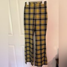 Nwt Yellow Plaid Flare Pants Trendy Fall Bottoms By H&m, Trendy H&m Bottoms For Fall, Trendy H&m Fall Bottoms, Stretch Bottoms By H&m For Fall, Trendy Fitted Pants By H&m, Trendy Fitted H&m Pants, Yellow Wide Leg Bottoms For Fall, Trendy Yellow Cotton Pants, Casual Full-length Yellow Bottoms