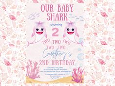 a baby shark birthday party card with pink and blue under the sea themed design on it