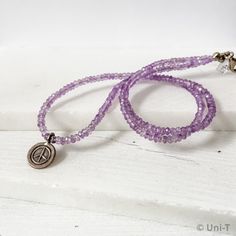 18" necklace and 0.4" pendant. Spiritual Single Strand Sterling Silver Beaded Necklaces, Spiritual Sterling Silver Single Strand Beaded Necklace, Symbolic Gemstone Bead Necklaces For Gifts, Handmade Spiritual Rondelle Necklace, Spiritual Handmade Rondelle Necklace, Purple Polished Beads Jewelry Gift, Purple Jewelry With Polished Beads As Gift, Gift Purple Jewelry With Polished Beads, Beaded Amethyst Pendant Jewelry