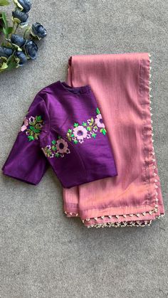 Product Descriptions : Pink soft tissue silk saree with embroidery border works is paired up with purple silk floral embroidery worked blouse as shown View this post on Instagram A post shared by Handcrafted Sarees by Shobana Nithin (@threadslabel_india)