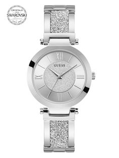 Silver-Tone Crystal Bangle Analog Watch | GUESS Silver Watches Women, Guess Watch, Bangle Watches, Crystal Bangle, Stainless Steel Bangles, Bangles Style, Girls Watches, Jewelry Clasps, Analog Watch