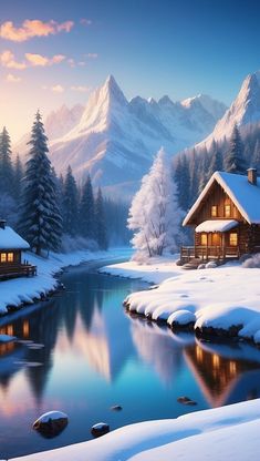 a cabin in the mountains with snow on the ground and water running through it, surrounded by pine trees