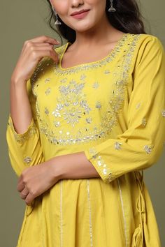 Cotton Yellow Anarkali Style Embroidered Gown | Best Indian Ethnic wear Online USA | Yellow Anarkali, Ethnic Gown, Print Embroidery, Boutique Dress Designs, Zari Work, Embroidery Lace, Indian Ethnic Wear, Indian Wear, Anarkali