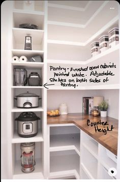 an organized pantry with lots of shelves and containers on the top shelf, labeled to describe how much food you can buy