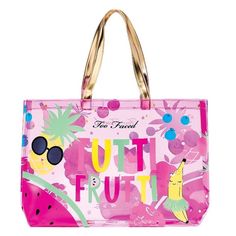 a pink tote bag with the words fruit on it and an image of a watermelon