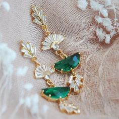 Wedding Jewelry Bridesmaids, Bridal Statement Earrings, Bridesmaids Earrings, Emerald Green Earrings, Earrings Emerald, Greenwich Ct, Fan Earrings, Vintage Style Wedding, May Birthstone