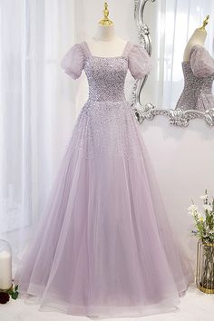 10% off now|Buy purple square neck sequined tulle prom dress with bling short sleeves at cheap price online. Free stable shipping and pro custom service since 2009. Short Sleeves Prom Dress, Lilac Formal Dress, Short Sleeve Prom Dresses, Lilac Prom Dresses, Evening Dress Floor Length, Sequin Prom Dress, Beaded Tulle, Beaded Prom Dress, Lilac Dress