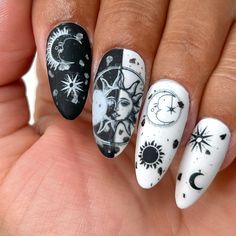 Decorate your nails with detailed black prints of celestial objects such as the sun, stars and moon! This Celestial Magic sticker includes a variety of cosmo objects and is perfect for galaxy nails, zodiac nails, horoscope nails and moon phase nails. These quality nail art stickers are made with thin adhesive materials and fine prints. Sheet Size: 8 x 10.5cmApplication:Use tweezers to remove the desired piece, place on nail then seal with top coat, gel or acrylic.Please note, due to difference i Astronomy Nail Art, Astral Nails, Solar Eclipse Nails, Leo Nail Art, Black Celestial Nails, Astronomy Nails, Wiccan Nails, Crescent Moon Nails, Moon Phase Nails