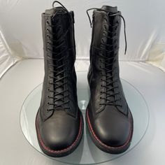 New Black Leather Paratrooper Boots Size 11. Made By Campbell. Zipper On Side. Red Stitching. Paratrooper Boots, Shoes Black, New Black, Black Red, Men's Shoes, Shoe Boots, Black Leather, Black And Red, Stitching