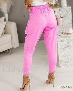 Lasaky - Premium Casual Harem Pants with Innovative Pocket Design Stretch Tapered Leg Bottoms, Pink Long Pants With Solid Color, Chic High-waist Sweatpants With Pockets, Pink Ankle-length Pants With Pockets, Pink Stretch Pants With Side Pockets, Pink Ankle-length Pants With Elastic Waistband, Pink Tapered Leg Pants With Elastic Waistband, Pink Tapered Leg Bottoms With Pockets, Harem Trousers