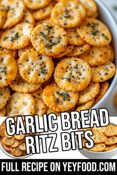 garlic bread ritz bits in a bowl with text overlay